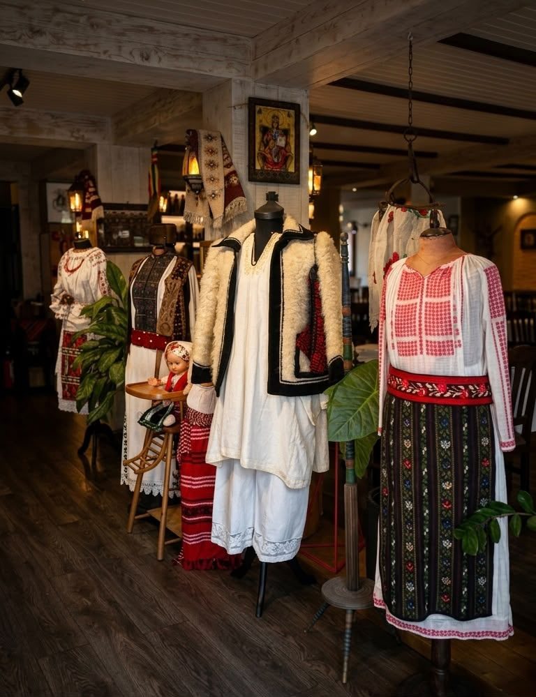 Traditional Romanian folk costumes on display at Restaurant Ceaun, Bucharest - hand-embroidered ie blouses, a sheepskin cojoc and woven wool aprons