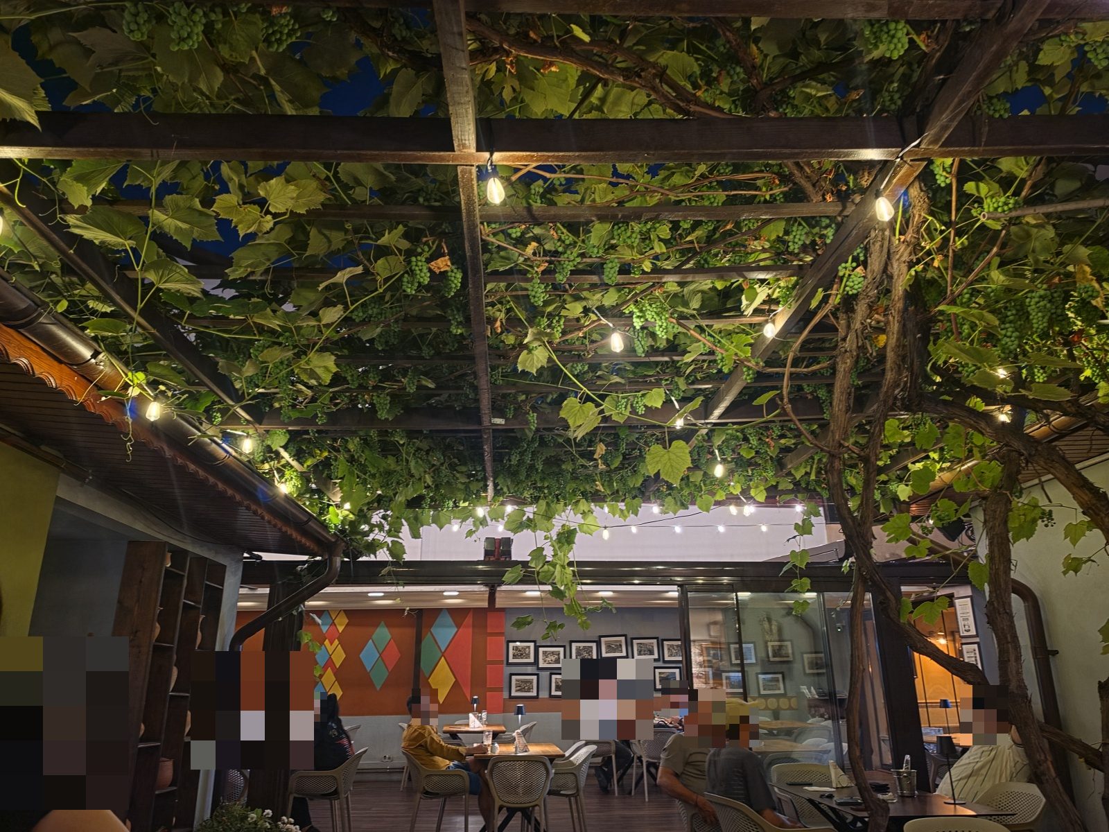 Terrazza-giardino coperta di vite del Restaurant Ceaun di sera, con pergolato d'uva, luci calde e ospiti a cena