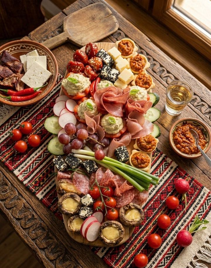 Platoul lui Claudiu — platou tradițional cu mezeluri, brânzeturi, ciuperci umplute, legume proaspete și mini-tarte cu zacuscă
