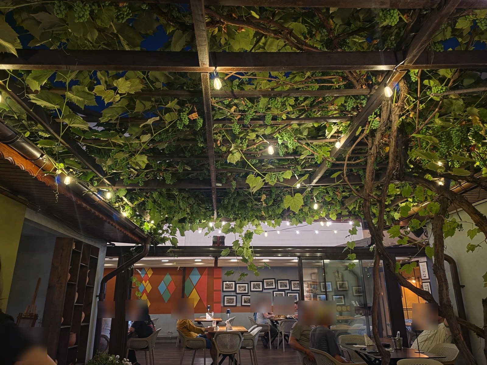 Terasă cu grădină de vară și boltă de viță-de-vie la Restaurant Ceaun, Sector 2 București, lângă Lacul Tei