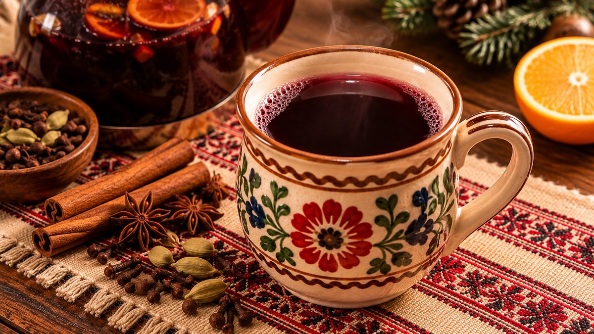 Vin fiert, il vin brulé rumeno, in una tazza di ceramica dipinta con cannella, anice stellato e arancia