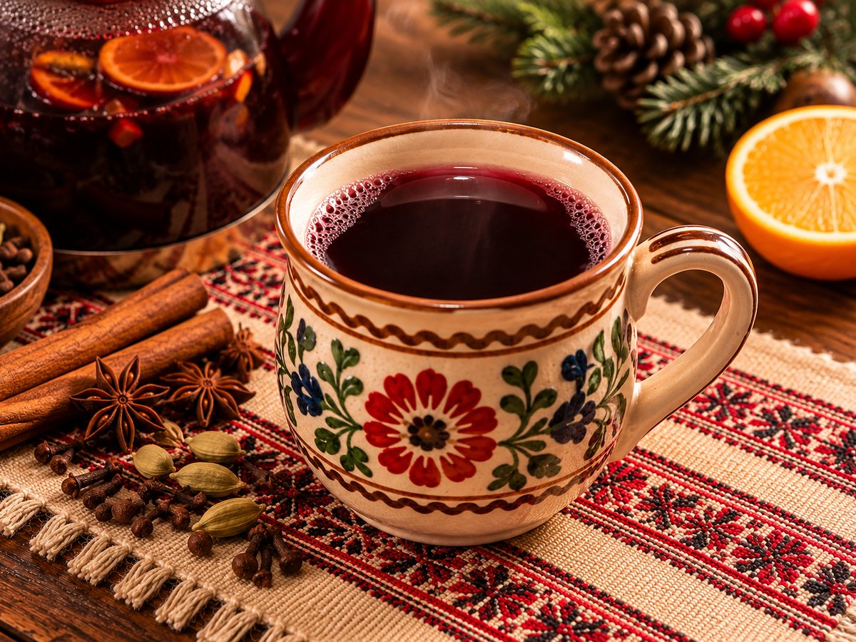 Cană de ceramică pictată cu vin fiert, cu batoane de scorțișoară, anason stelat, cuișoare și portocală alături
